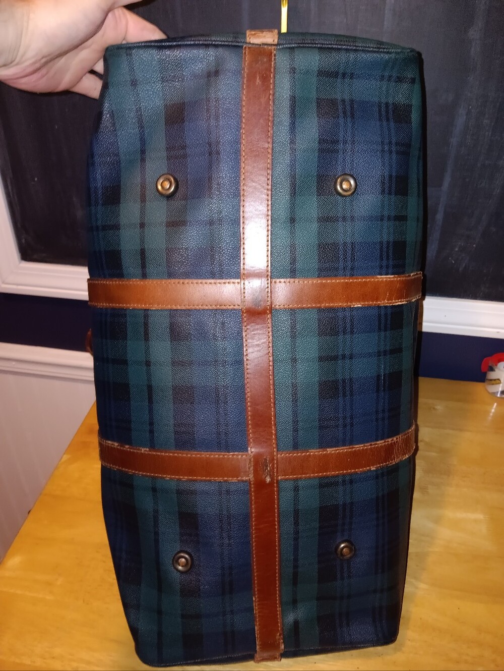 Polo by Ralph Lauren Green and Brown Plaid Leather-Trim Travel Bag With Lock Tag - Picture 4 of 7